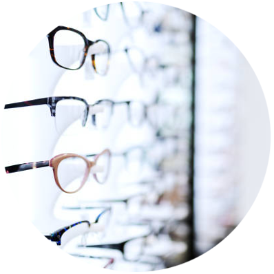 Eye glasses frames on shelf in optometrist clinic